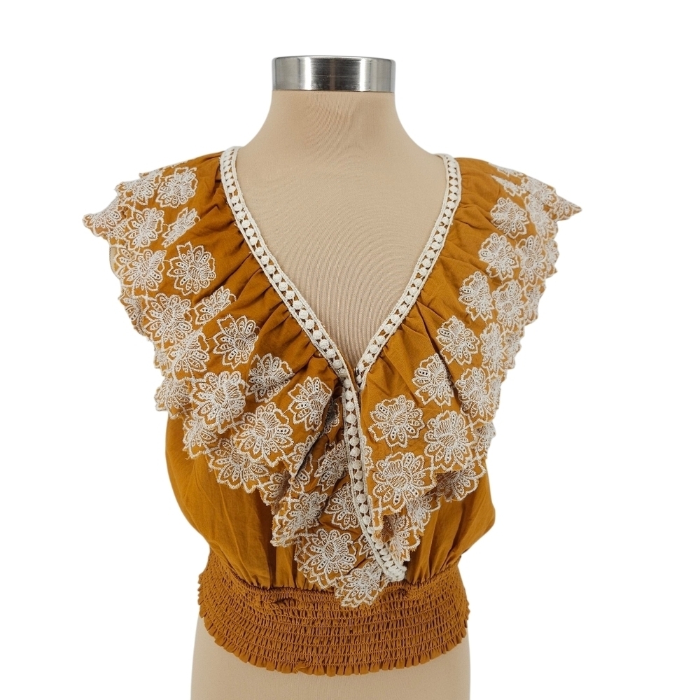 Jennifer Grace Shirt Orange Embroidered Floral Short Sleeve V Neck Top Large